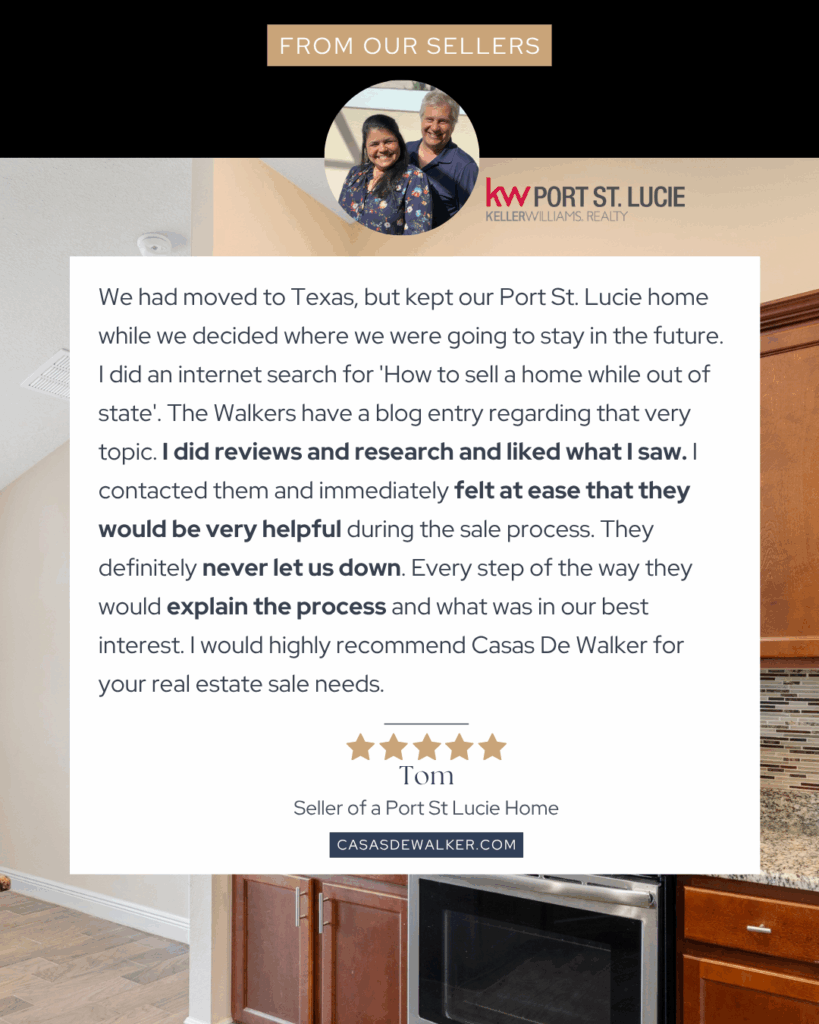 Screenshot of a 5-star Google review from a Texas-based seller who sold their Port St. Lucie home remotely with the Casas de Walker Team.