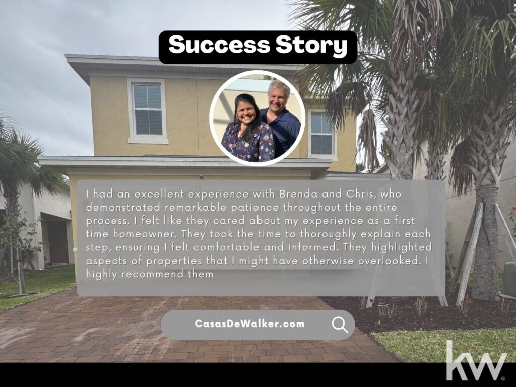 Customer Review  Text reads I had an excellent experience with Brenda and Chris, who demonstrated remarkable patience throughout the entire process. I felt like they cared about my experience as a first time homeowner. They took the time to thoroughly explain each step, ensuring I felt comfortable and informed. They highlighted aspects of properties that I might have otherwise overlooked. I highly recommend them 