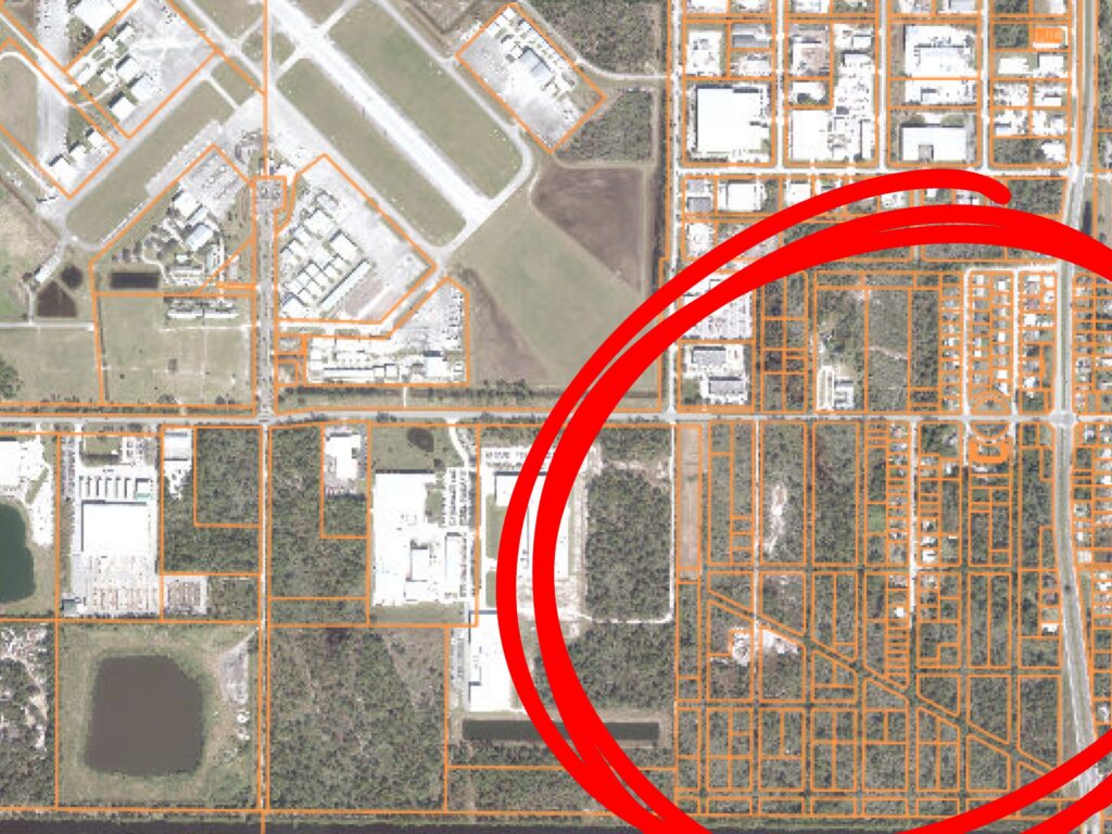 Aerial map showing the San Lucie Plaza land area near Treasure Coast International Airport
